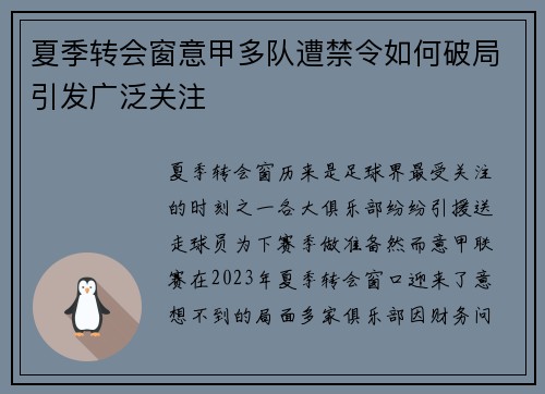 夏季转会窗意甲多队遭禁令如何破局引发广泛关注